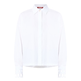 Max Mara Studio Staffa Broderie Anglaise Shirt in Optical White, cropped cotton shirt with concealed buttons and broderie anglaise cuffs