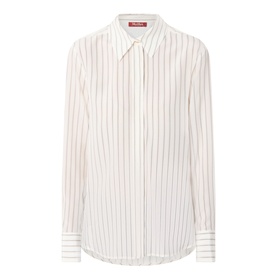 Max Mara Studio natural stripe 100% silk shirt with classic collar, button placket, and long sleeves with buttoned cuffs