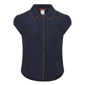 Max Mara Studio midnight blue silk shirt with cap sleeves, point collar, concealed front placket, and contrast orange piping trim.