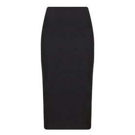 Max Mara Studio black midi pencil skirt in stretch polyester, fitted silhouette with a back vent, no model present.