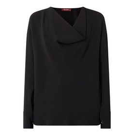 Max Mara Studio black long-sleeve top with draped cowl neckline and button cuffs, triacetate-polyester blend
