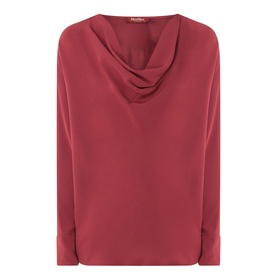 Max Mara Studio ruby top with draped cowl neckline, long sleeves, and relaxed silhouette in satin-finish fabric
