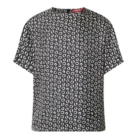 Max Mara Studio Mambo Printed Blouse in black and white, 100% silk, short sleeves, round neckline, allover crescent print