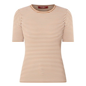 Max Mara Studio caramel and white horizontal stripe short-sleeve fitted crew-neck top in viscose blend