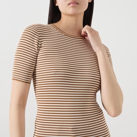Model wearing Max Mara Studio caramel white striped ribbed knit top with short sleeves and round neck, shown in close-up detail.