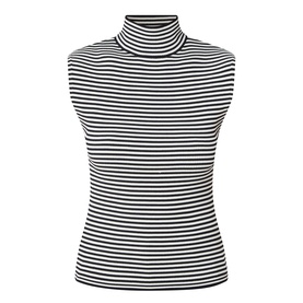 Max Mara Studio black and white striped sleeveless turtleneck top in ribbed viscose-blend fabric, fitted silhouette.