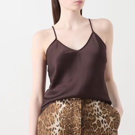 Model wearing Max Mara Studio Comma Cami Top in chocolate, V-neck with spaghetti straps, styled with leopard print trousers.