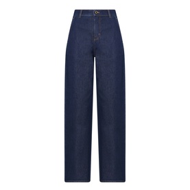Dark indigo wide-leg high-rise jeans with gold-tone button fastening and contrast stitching detail