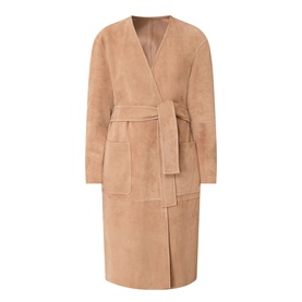Max Mara Studio camel lamb leather trench coat with V-neckline, belted waist, patch pockets, and front split hem