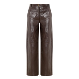 Max Mara Studio brown faux leather wide-leg trousers with high waist, button fly, and front patch pockets