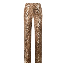 Max Mara Studio Romana Leopard Straight Leg Trousers in brown spotted silk-twill, straight-leg cut with pressed pleats and fly zip fastening