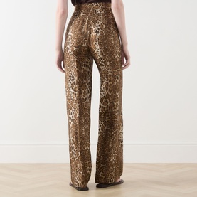 Model wearing Max Mara Studio Romana Leopard Straight Leg Trousers in brown spotted silk-twill, rear view showing pressed pleats and wide-leg