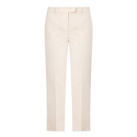 Max Mara Studio natural trousers with tailored cut, front crease, belt loops, and cropped straight-leg silhouette in triacetate blend
