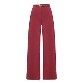 Max Mara Studio ruby wide-leg trousers with high waist, belt loops, and tan leather belt detail.