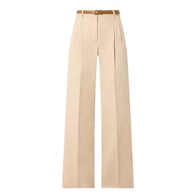 Max Mara Studio Adunco Wide Leg Trousers in beige, featuring pressed creases, pleated detailing, and tan belt included