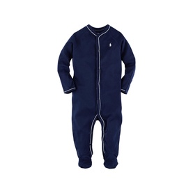 Ralph Lauren baby blue footed rompersuit with white piping trim and embroidered Polo Pony logo, zip fastening