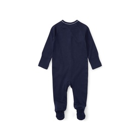 Ralph Lauren baby blue rompersuit with footed design, contrast stitching at neckline, long sleeves, snap fastening front