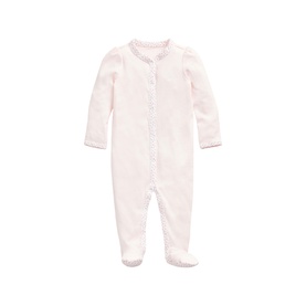 Ralph Lauren baby pink all-in-one romper with footed feet, frill neckline, and front button fastening