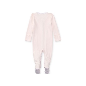 Ralph Lauren pink baby romper, rear view, long sleeves, footed design with grey bear paw detail