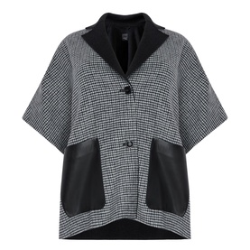 Persona black houndstooth wool-blend cape with contrast faux leather lapels and patch pockets, short sleeves, button fastening