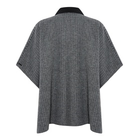 Persona black houndstooth wool-blend cape with velvet collar, batwing silhouette, back view