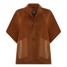 Persona Ombra Pocket Cape Jacket in Tobacco, wool-blend with leather-effect patch pockets, notched lapels and button fastening