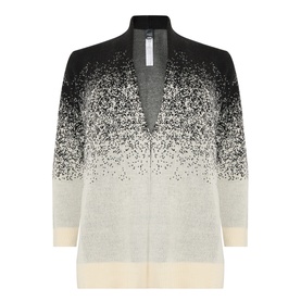 Persona Black Jacquard open-front cardigan jacket with ombre speckled pattern, collarless neckline, and cream hem