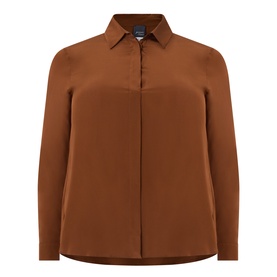 Persona Aprile Fluid Shirt in Tobacco, pointed collar, concealed button fastening, long sleeves with single cuffs, dipped hemline