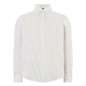 Persona Potente Stripe Shirt in white, kent collar, long sleeves, single cuffs, curved hem, vertical stripe pattern, button fastening
