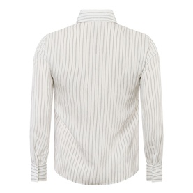 Persona Potente Stripe Shirt in white, rear view showing pinstripe pattern, long sleeves, single cuffs, and curved hemline.