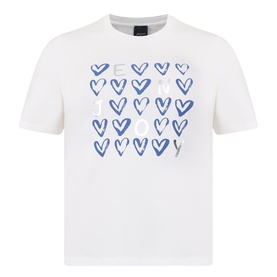 Persona Optical White T-shirt with blue hand-drawn heart grid print, crew neck, short sleeves, relaxed fit