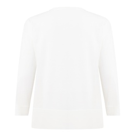 Persona white 100% virgin wool top, back view, crew neck, three-quarter length sleeves, relaxed fit