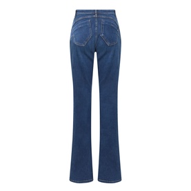 Persona Fronda Flared-Leg Jeans in Midnight Blue, mid-rise with tobacco stitching, five-pocket styling and clean flared hems