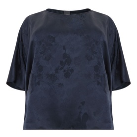 Persona Midnight Blue floral jacquard boxy top with short flutter sleeves and round neckline, in satin-finish fabric