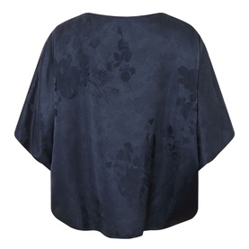 Persona Midnight Blue floral jacquard jacket, back view, wide kimono sleeves and relaxed boxy silhouette