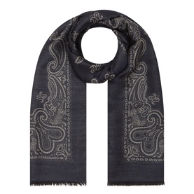 Salvatore Ferragamo navy wool silk cashmere scarf with paisley print and frayed edges, folded flat