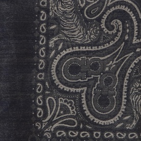Salvatore Ferragamo navy wool silk cashmere scarf with intricate paisley and tiger jacquard pattern, close-up detail shot