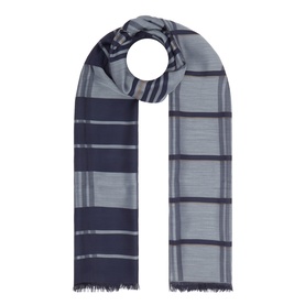 Salvatore Ferragamo navy cashmere-silk scarf with tonal stripe pattern and frayed edges, folded flat
