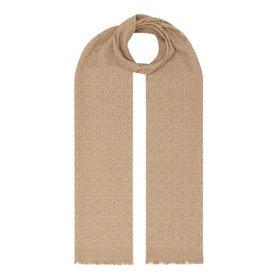 Salvatore Ferragamo beige silk scarf with all-over logo jacquard pattern and fringed edges, laid flat