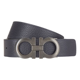 Salvatore Ferragamo Nero Midnight leather belt with double Gancini gunmetal buckle, textured pebbled finish.
