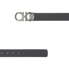 Salvatore Ferragamo Nero Midnight leather belt with silver-tone Gancini double-ring buckle, shown flat in two sections.