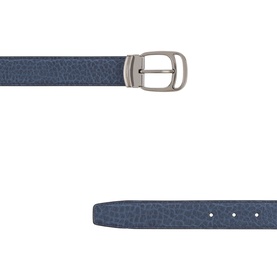 Salvatore Ferragamo Graphite Nero leather belt with silver-tone oval buckle, shown in full and close-up detail views.