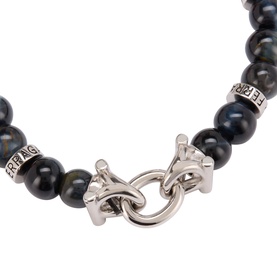Salvatore Ferragamo beaded bracelet in dark blue hawk's eye stones with engraved silver-tone barrel beads and chunky lobster clasp