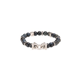 Salvatore Ferragamo beaded bracelet with dark blue/black stones and silver-tone Gancini logo clasp detail, brass construction