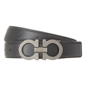 Salvatore Ferragamo leather reversible belt in black with silver-tone double Gancini buckle, smooth finish strap.