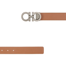 Salvatore Ferragamo Gancini belt in cognac leather with silver-tone double-ring buckle, shown flat and detail views
