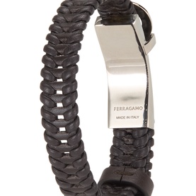 Salvatore Ferragamo Binario Braided Bracelet in brown leather with silver-toned logo clasp hardware, Made in Italy engraving visible