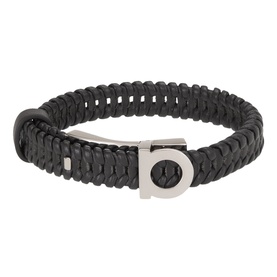 Salvatore Ferragamo black braided leather bracelet with silver-tone Gancini logo clasp fastening