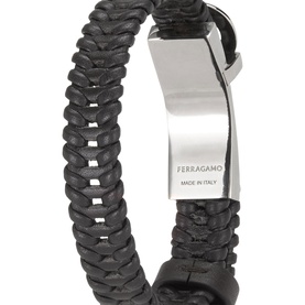 Salvatore Ferragamo black braided leather bracelet with silver-tone rectangular logo clasp, Made in Italy engraving