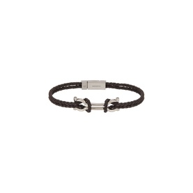 Salvatore Ferragamo Scoob Braided Bracelet in dark brown leather with silver-toned anchor clasp hardware and logo detail